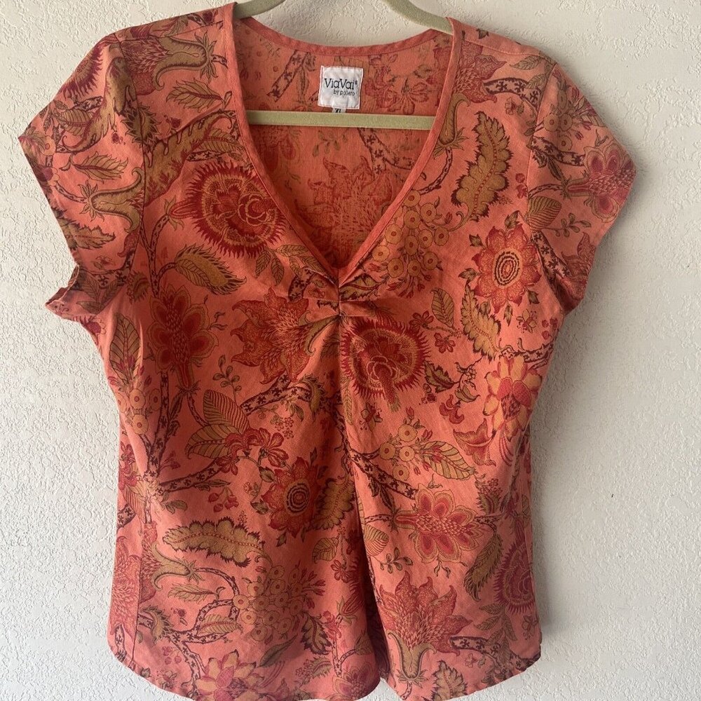 Via Vai coral 100%  linen short sleeve top blouse womens sz XL Made In USA